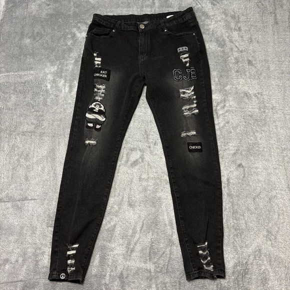 The Unbranded Brand Other - Black Distressed Skinny Jeans XXL Patches Graphic Streetwear Stretch Denim